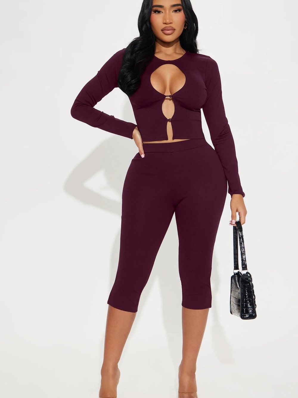 Fashion Nova Burgundy Long Sleeve Cutout Top